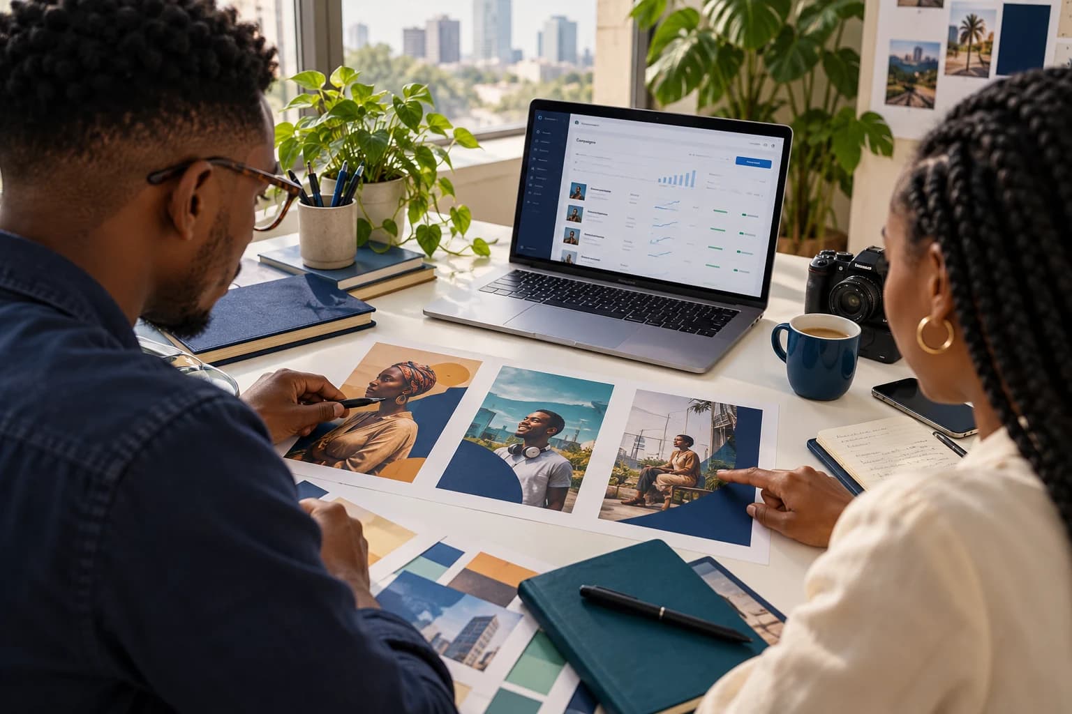 Campaign creatives being compared beside a laptop