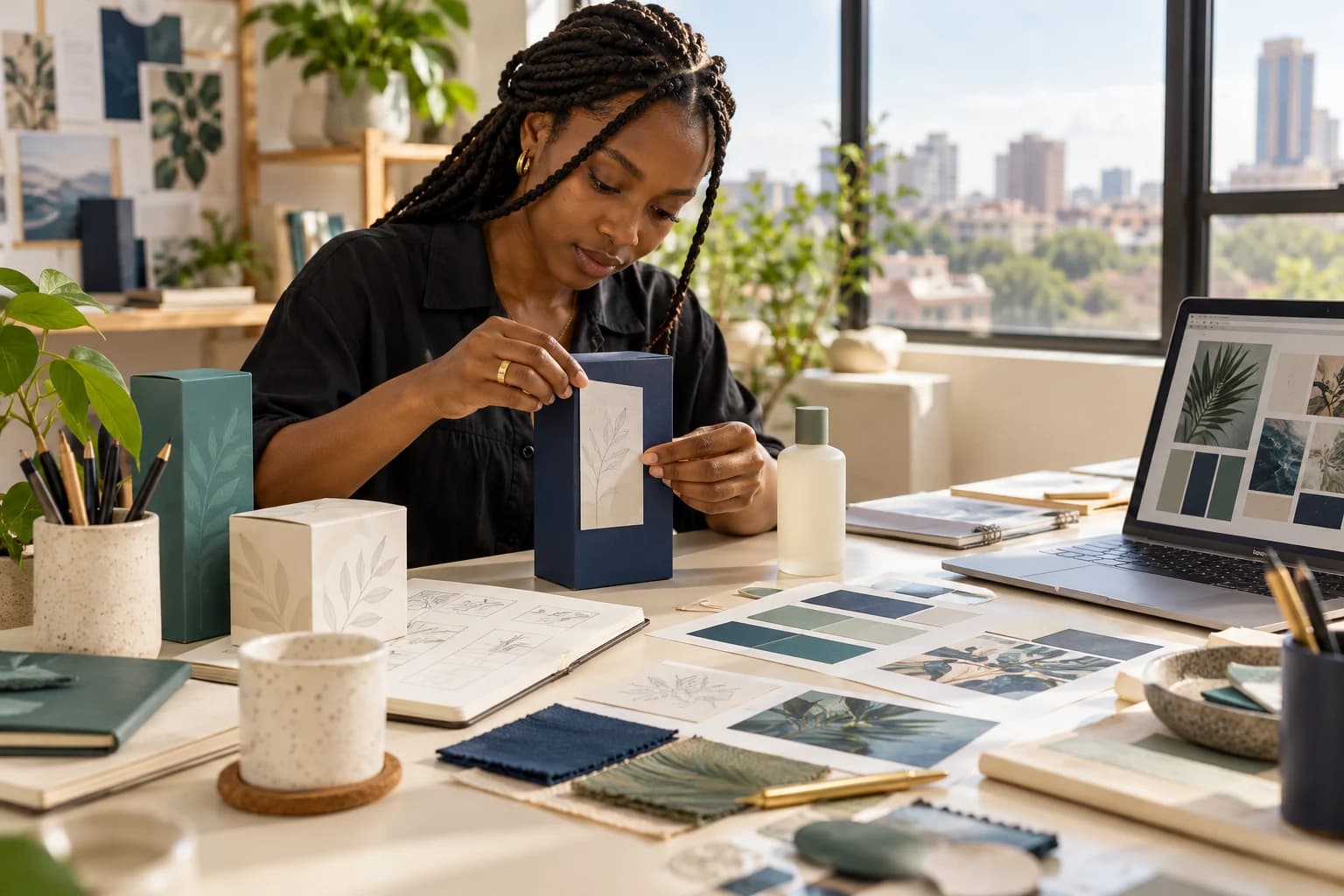 A designer working with packaging samples, labels and colour swatches