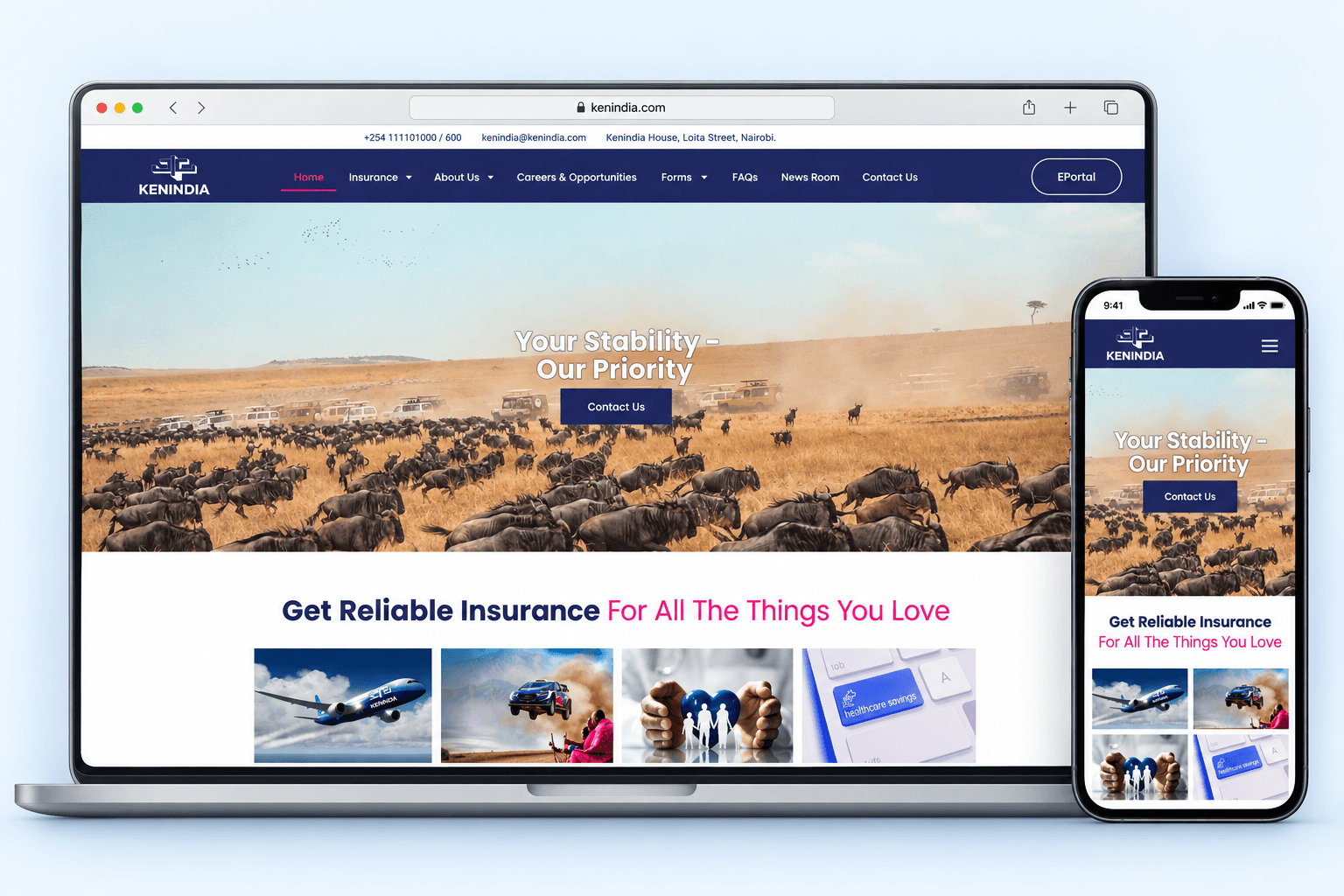 Kenindia Assurance website mockup displayed on desktop and mobile