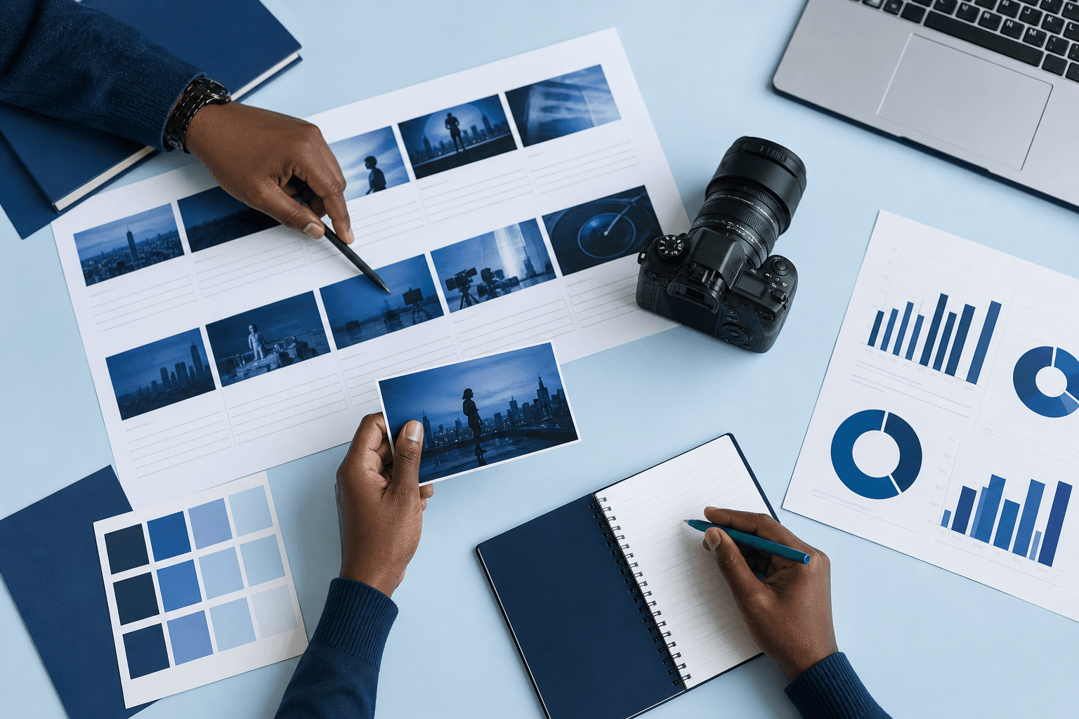 A creative strategy workspace with campaign planning materials