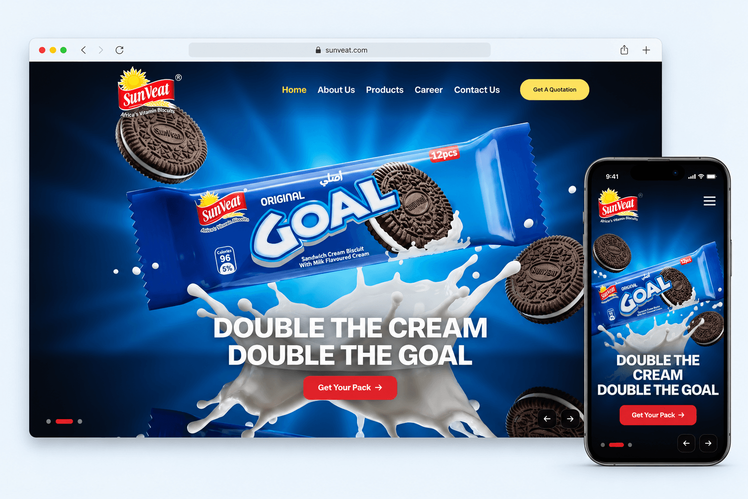 Sunveat homepage displayed on desktop and phone, featuring GOAL biscuits against a blue background.